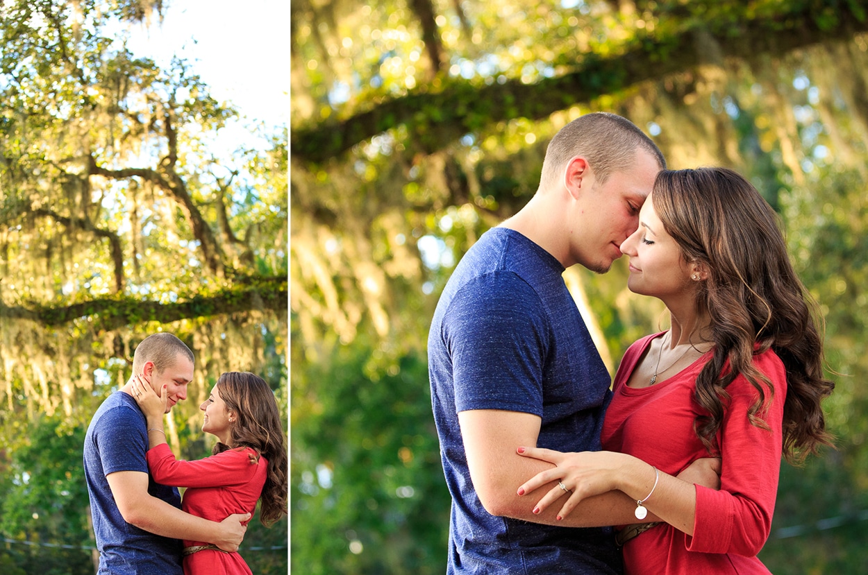 Engagement photo session at the upper mill plantation couple with live oaks at the background