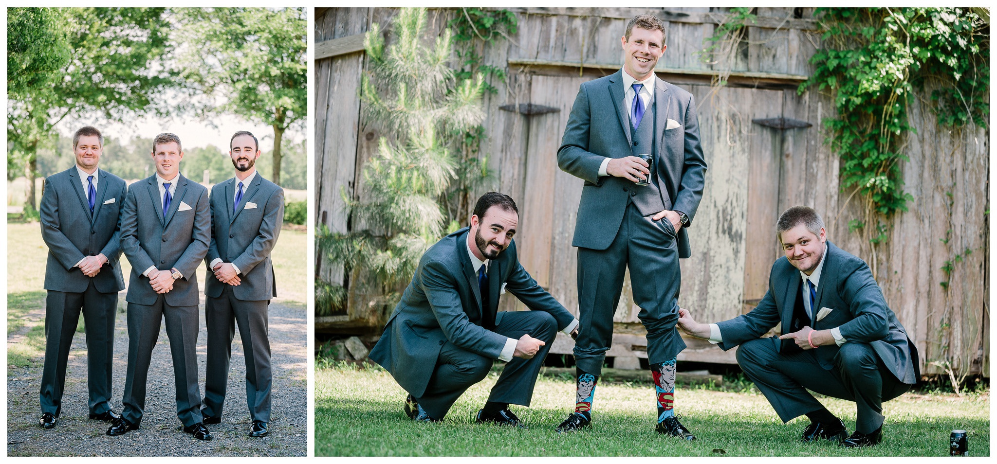 The Groomsmen and the Groom showing of his superman socks