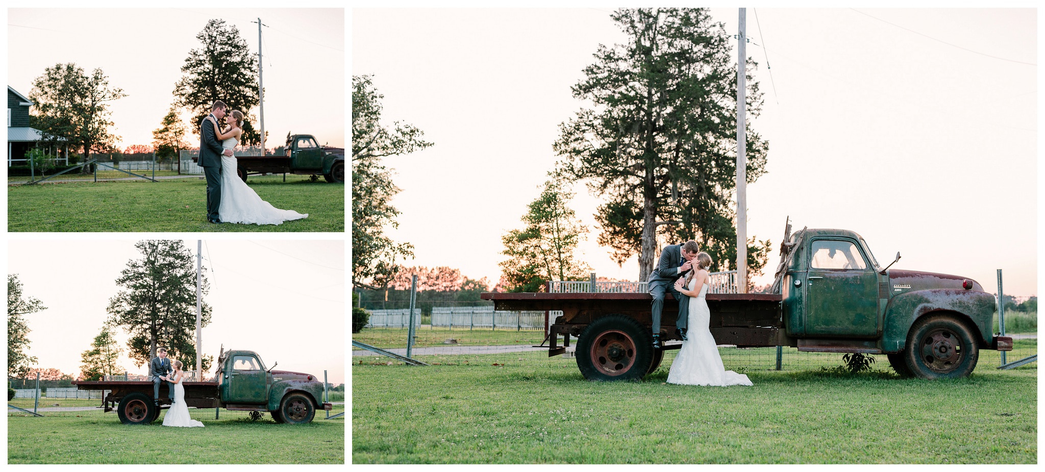 Bride, groom and an antique truck