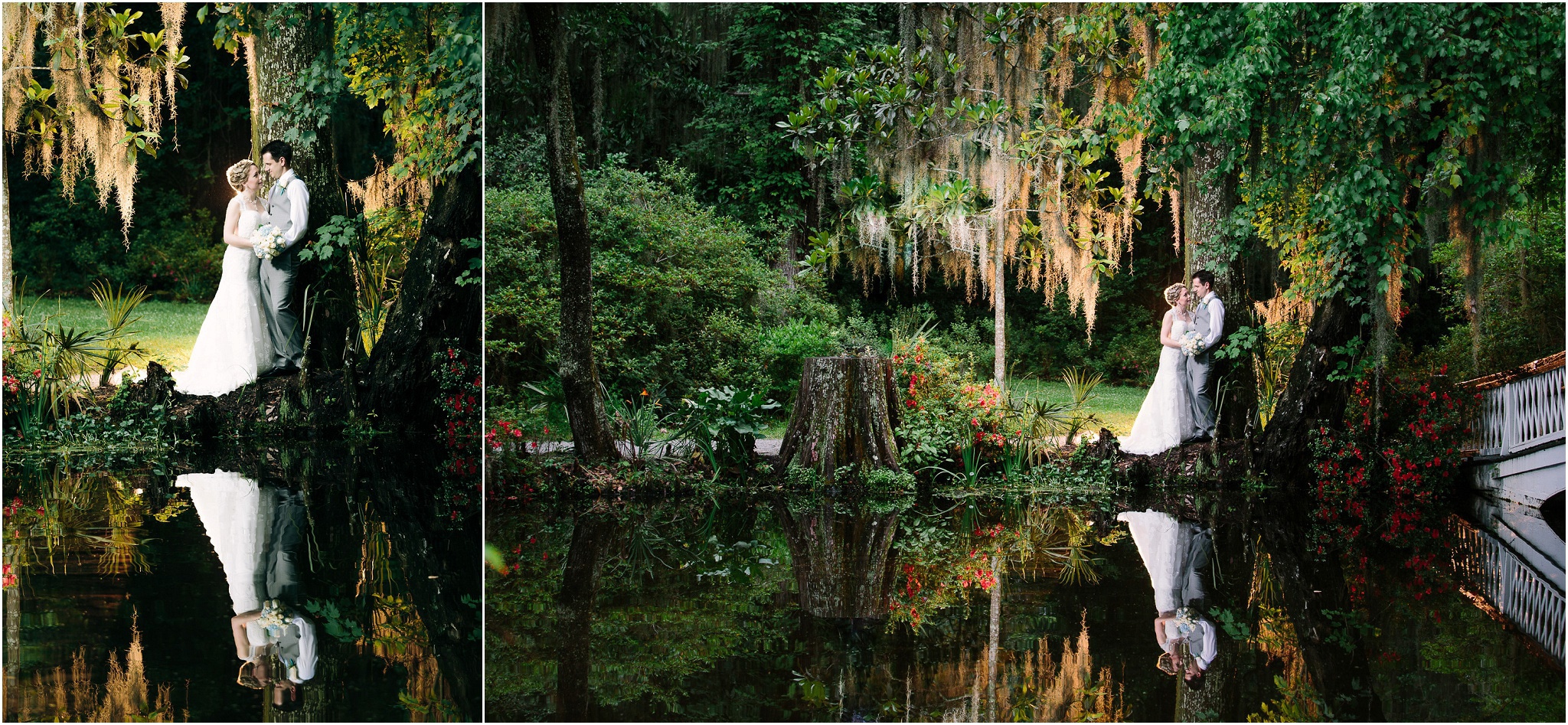 Reflection of bride and groom by Charleston wedding photographer Magnolia Plantation Wedding
