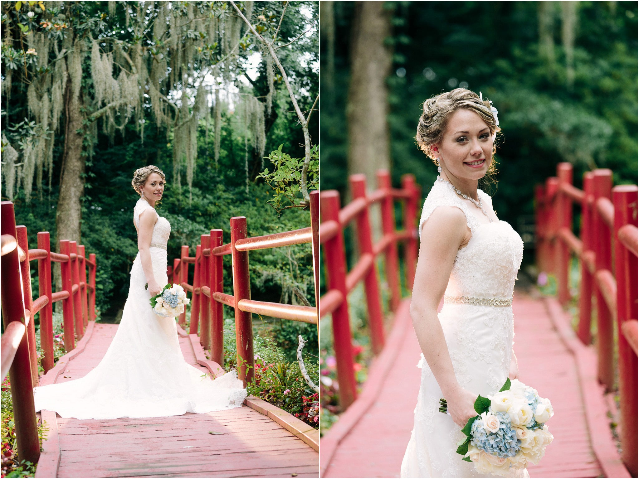 THe bride on a scenic red wooden walkway