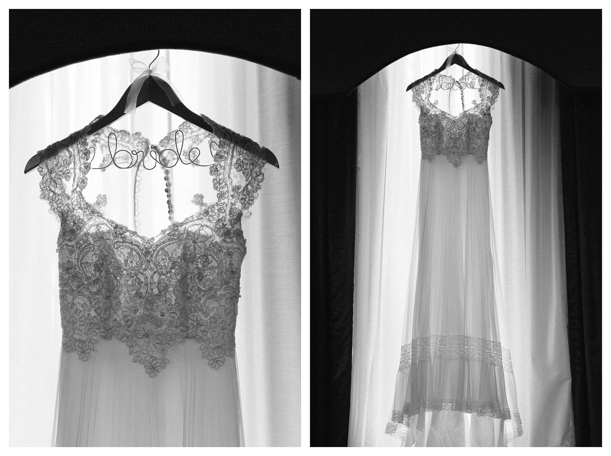 Perfect Sheer Wedding Dress hanging on a bent hanger that spells out bride - Myrtle Beach Wedding - Venue - Beach House Gulf Stream Breeze, Beach Realty Catering and Cake - Buttercream Cakes and Catering, LLC Flowers - Callas Florist Event Rentals - Event Works DJ - Scott Shaw