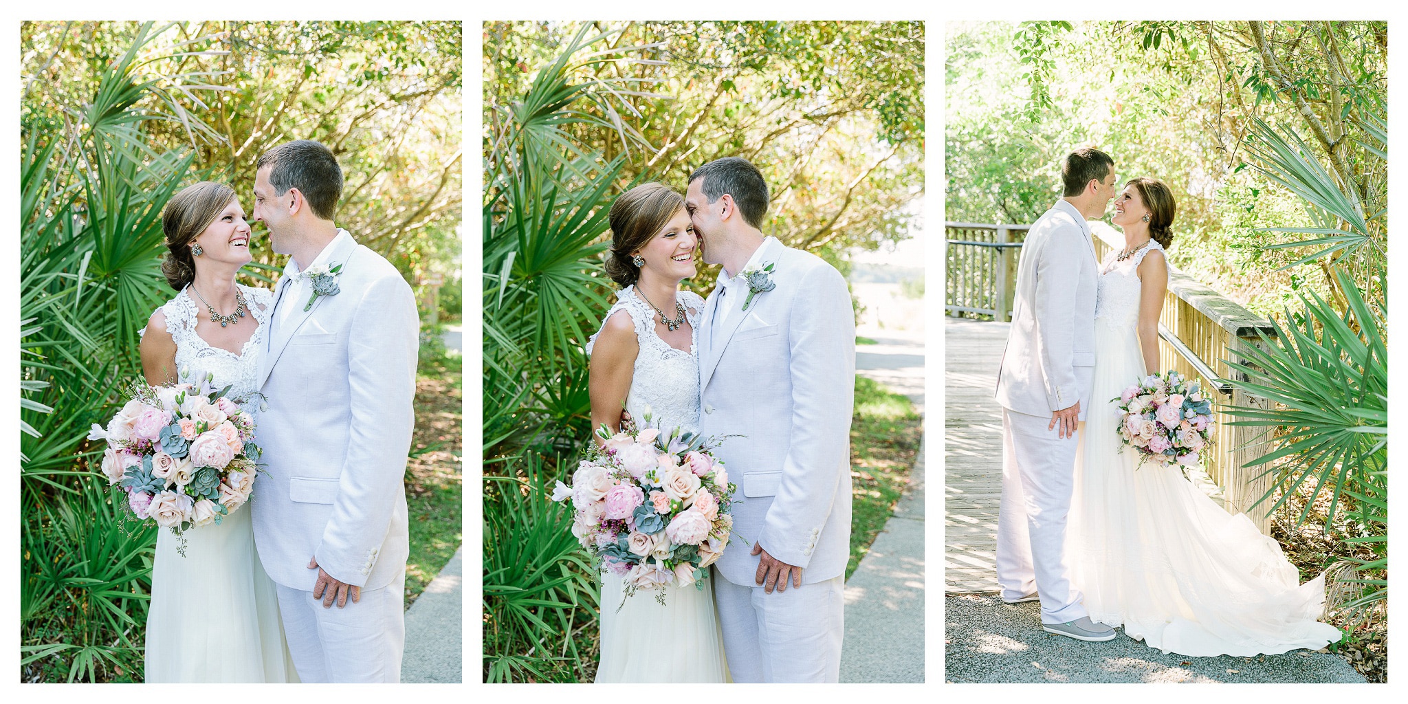 The Couple Looking at each other With Love in Their Eyes on a brick walkway through a garden - Myrtle Beach Wedding