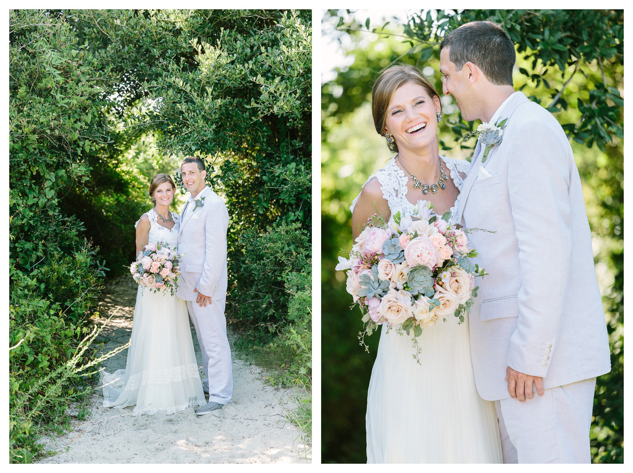 Posing on the Path - Kristie and Grant on a trail in the trees - Myrtle Beach Wedding - Venue - Beach House Gulf Stream Breeze, Beach Realty Catering and Cake - Buttercream Cakes and Catering, LLC Flowers - Callas Florist Event Rentals - Event Works DJ - Scott Shaw
