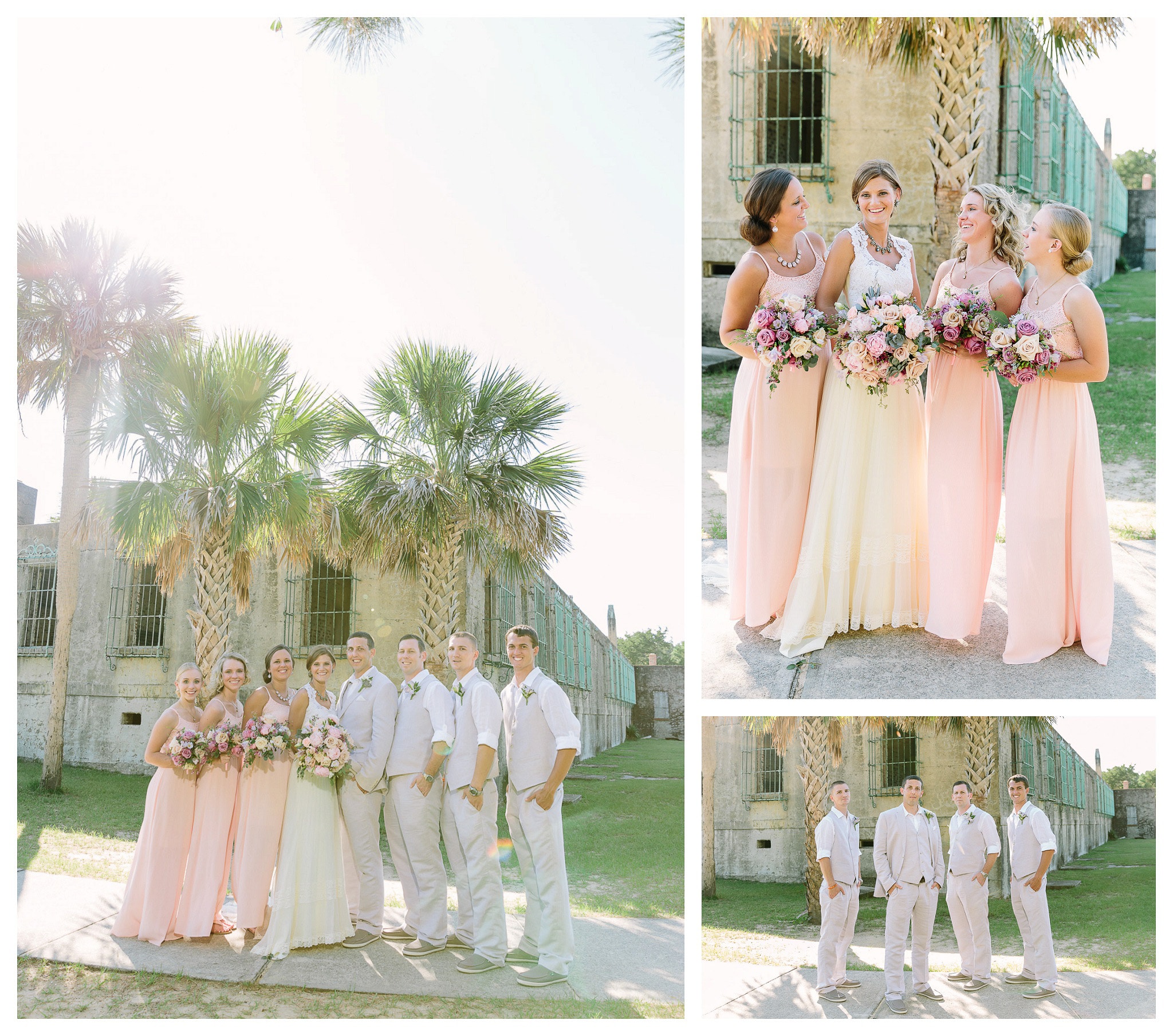 Bridesmaids, Bride, Groom and Groomsmen posing in front of the venue - Venue - Beach House Gulf Stream Breeze, Beach Realty Catering and Cake - Buttercream Cakes and Catering, LLC Flowers - Callas Florist Event Rentals - Event Works DJ - Scott Shaw