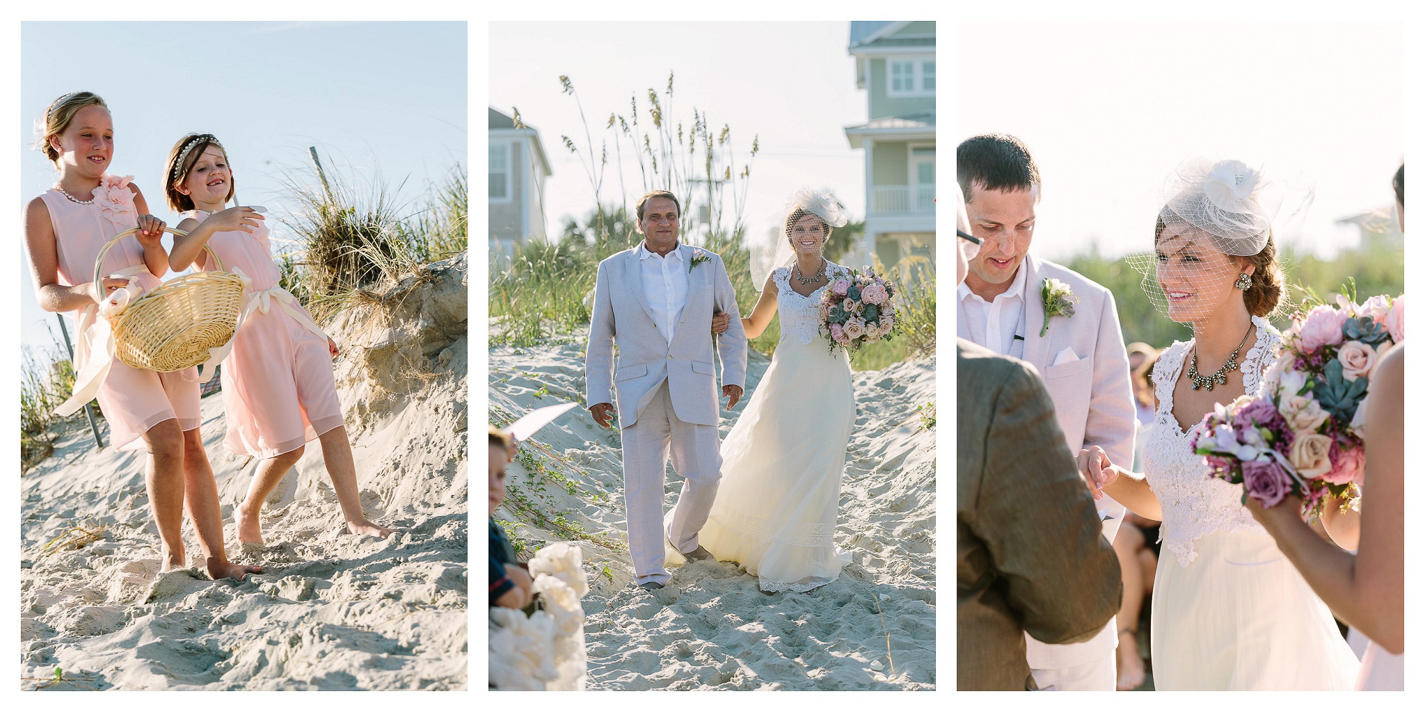 Flower girls walking in the sand, a father giving away his daughter and the couple at the altar - Venue - Beach House Gulf Stream Breeze, Beach Realty Catering and Cake - Buttercream Cakes and Catering, LLC Flowers - Callas Florist Event Rentals - Event Works DJ - Scott Shaw