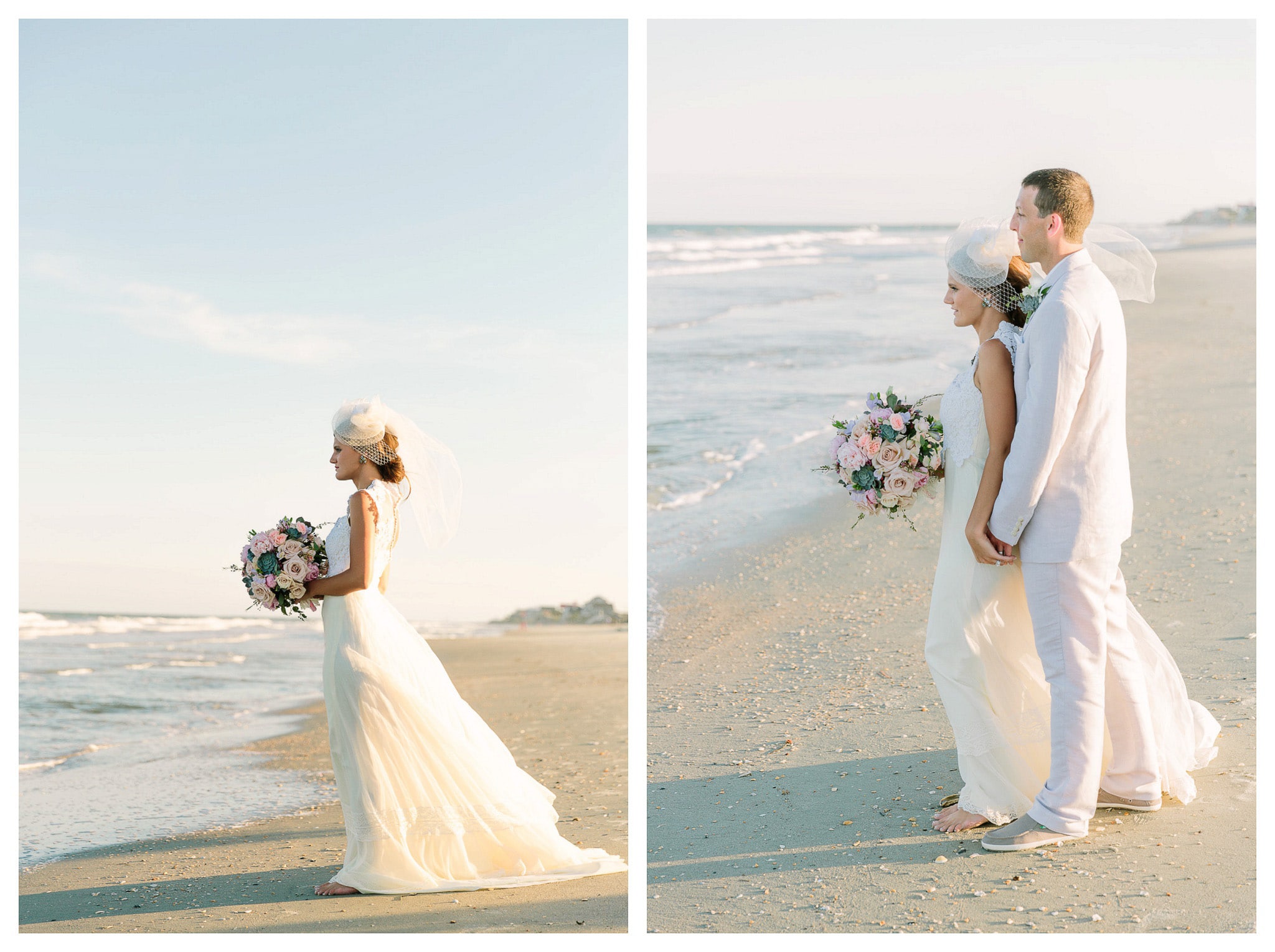 Bride and Groom Looking Forward out over the water - Fine art wedding photography in South Carolina - Venue - Beach House Gulf Stream Breeze, Beach Realty Catering and Cake - Buttercream Cakes and Catering, LLC Flowers - Callas Florist Event Rentals - Event Works DJ - Scott Shaw
