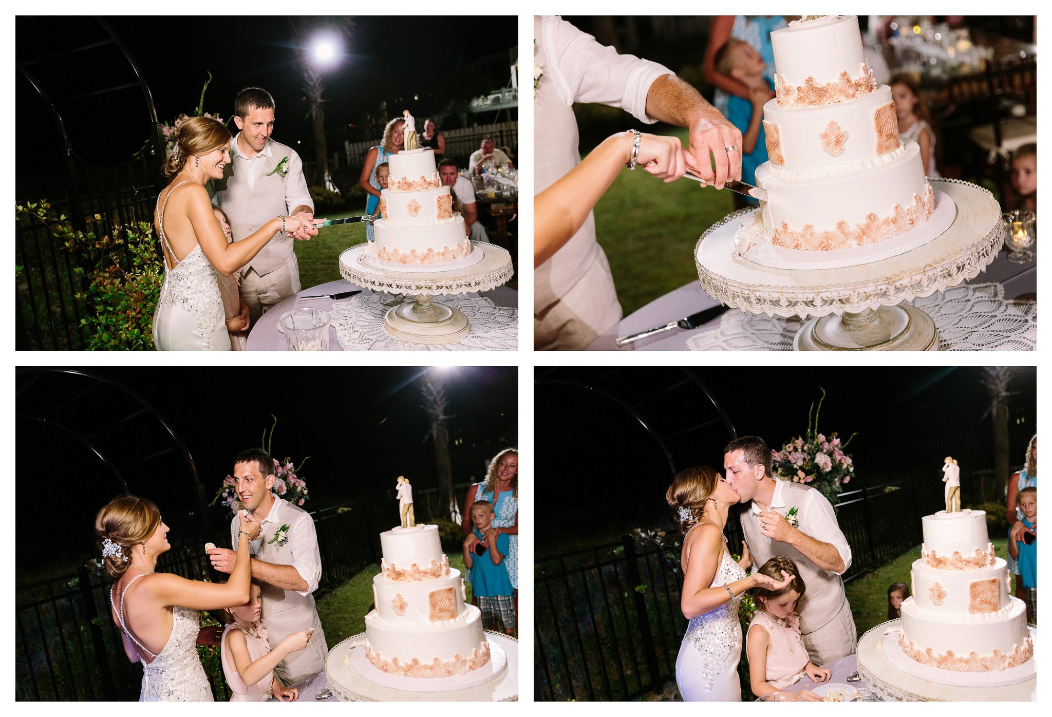 Bride and Groom cutting the cake and feeding each other a small piece - Venue - Beach House Gulf Stream Breeze, Beach Realty Catering and Cake - Buttercream Cakes and Catering, LLC Flowers - Callas Florist Event Rentals - Event Works DJ - Scott Shaw