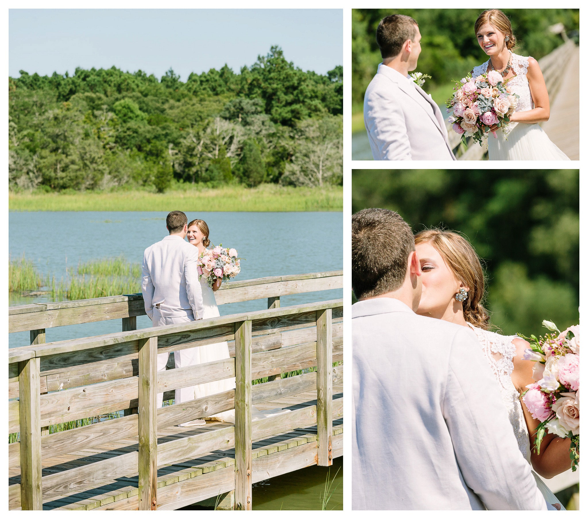 The Bride and Groom, By the Water, on a wooden walkway - Venue - Beach House Gulf Stream Breeze, Beach Realty Catering and Cake - Buttercream Cakes and Catering, LLC Flowers - Callas Florist Event Rentals - Event Works DJ - Scott Shaw