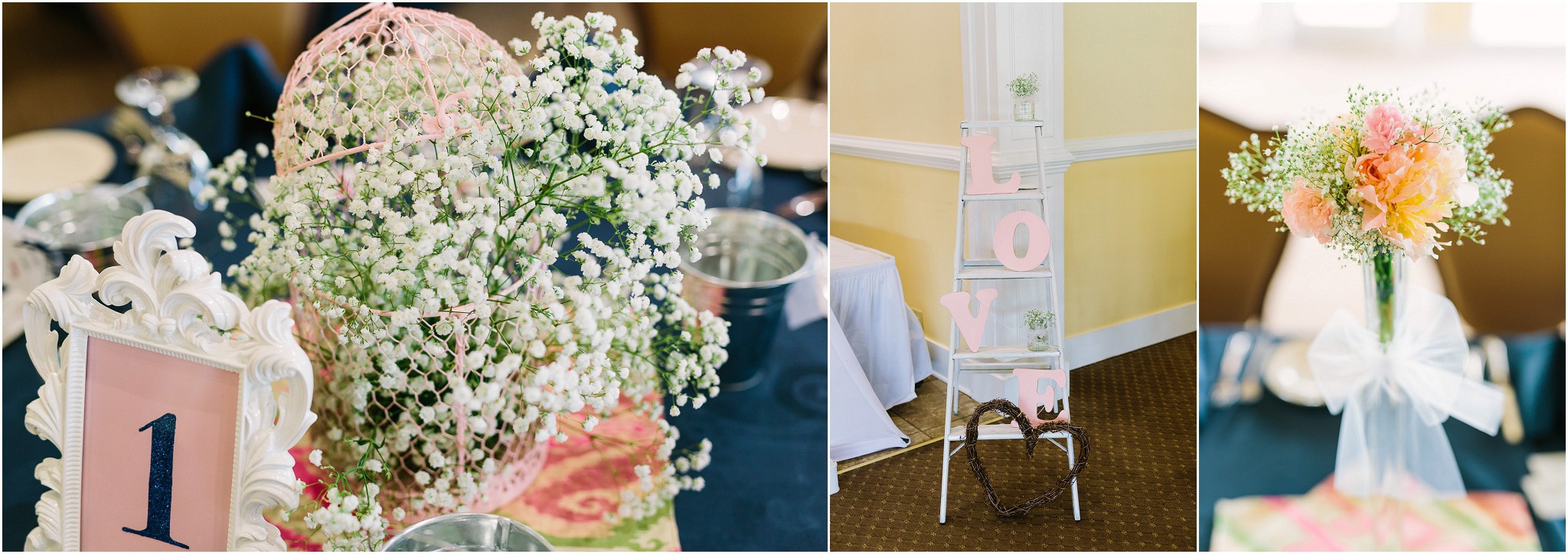 Reception set up details, centerpieces and flowers