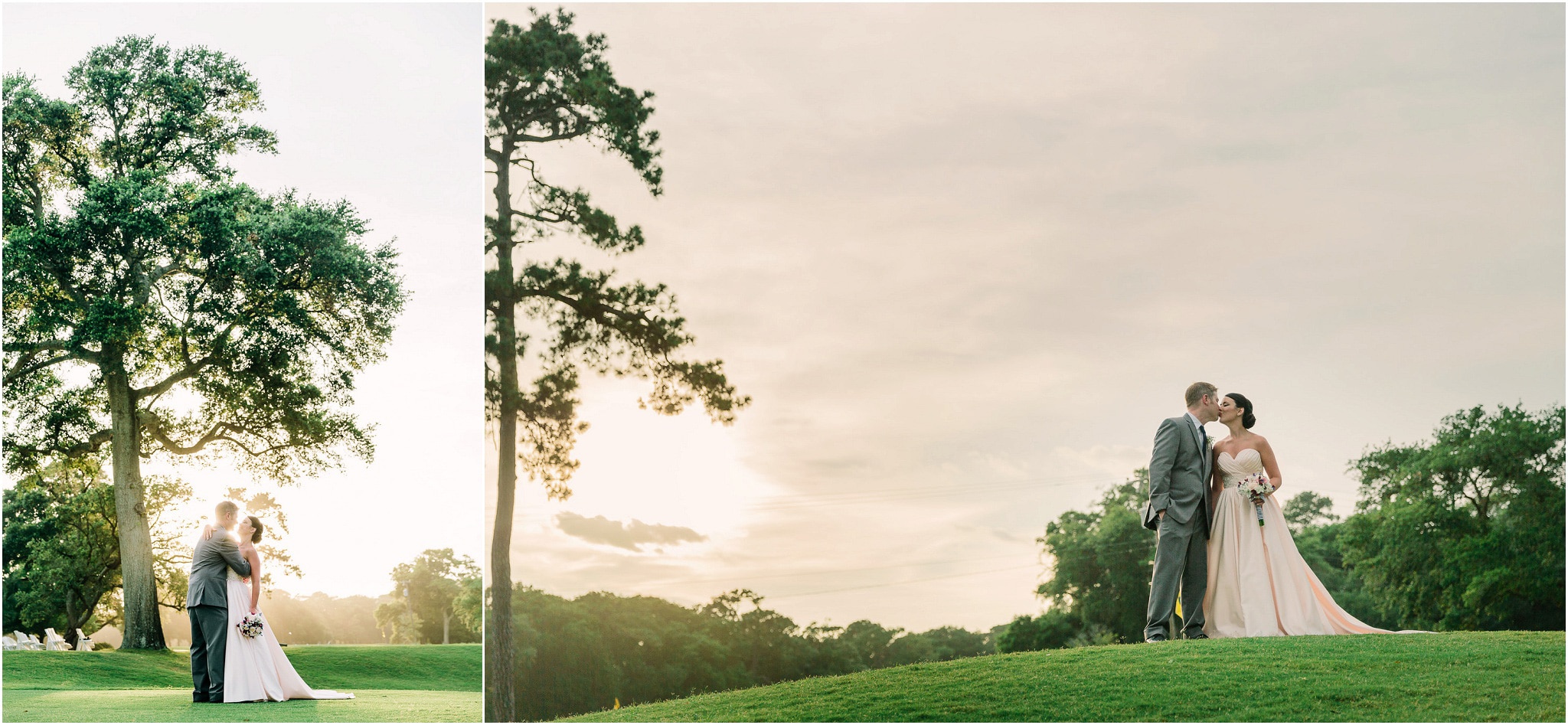 Sunset portraits by Myrtle Beach wedding photographer bride and groom kissing on the green