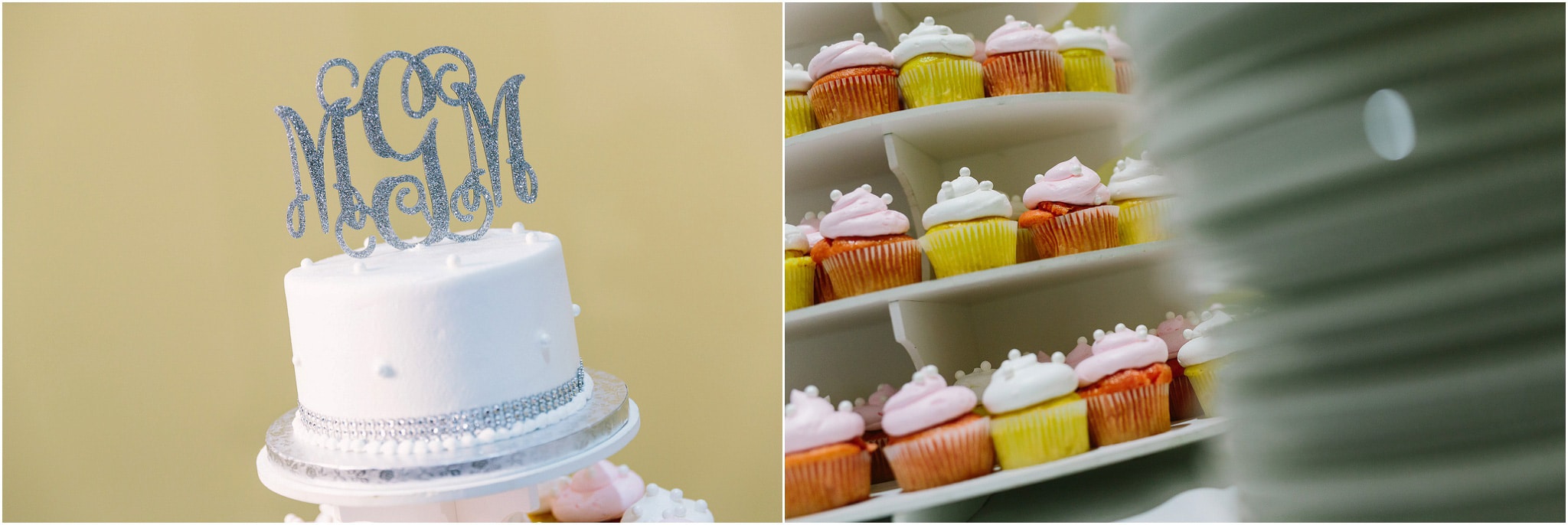 A wedding cake and some cupcakes too