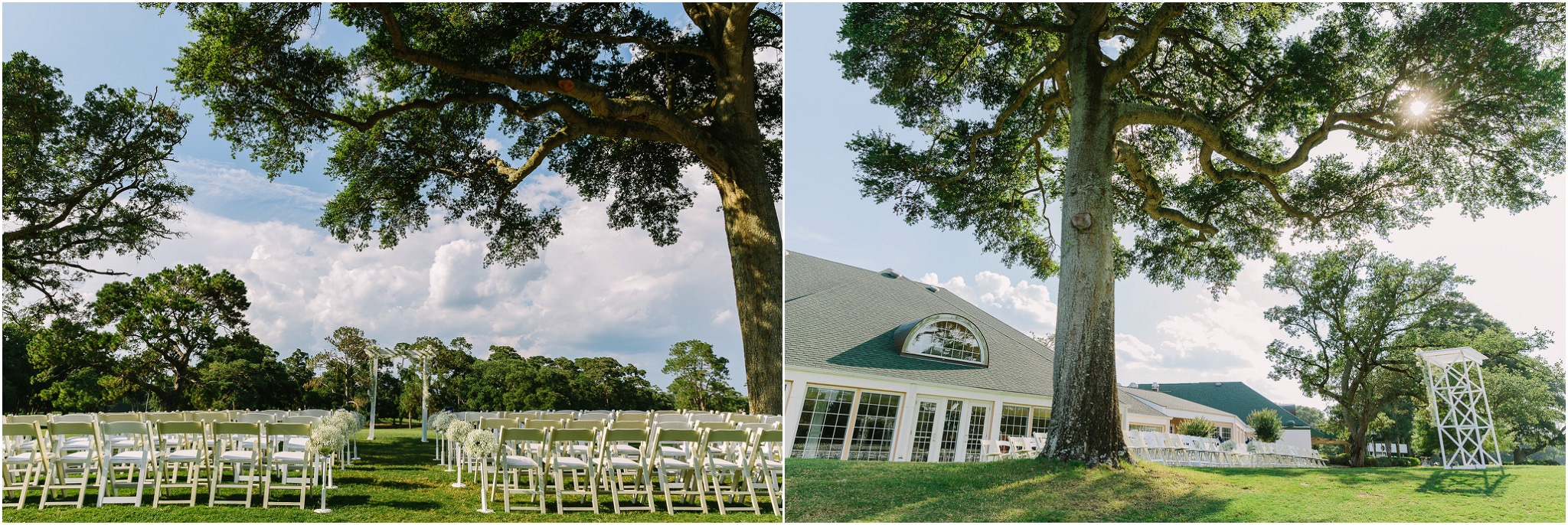 Ceremony set up at Surf Golf and Beach club under a beautiful tree and lightly cloudy sky