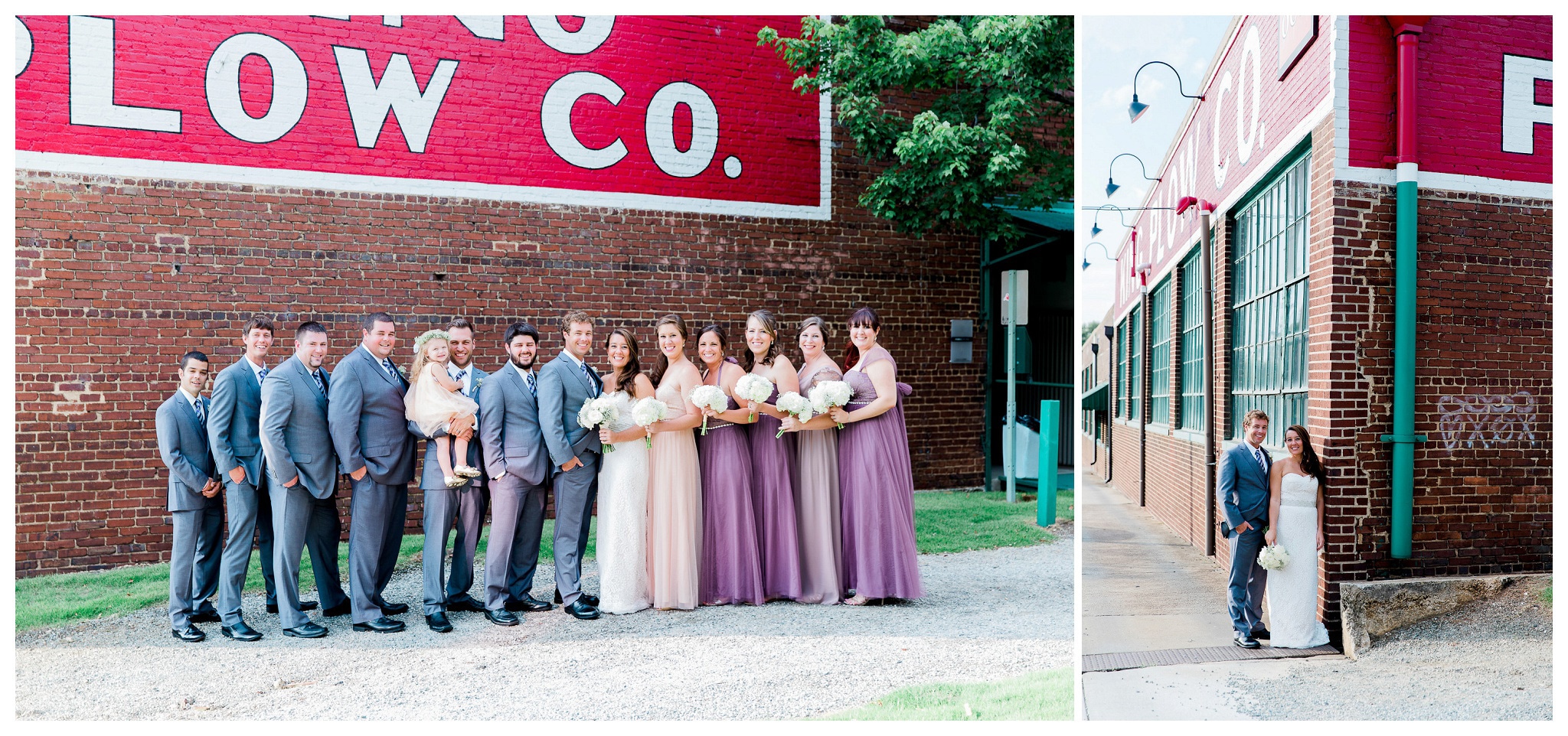 The full wedding party posd in front of the venue- Venue and Catering – King plow Event Gallery and Bold American Events Decor and flowers – Stylish Stems Music and Band – Seven Sharp Nine Transportation – Georgia Trolley Photographer One Life Photography