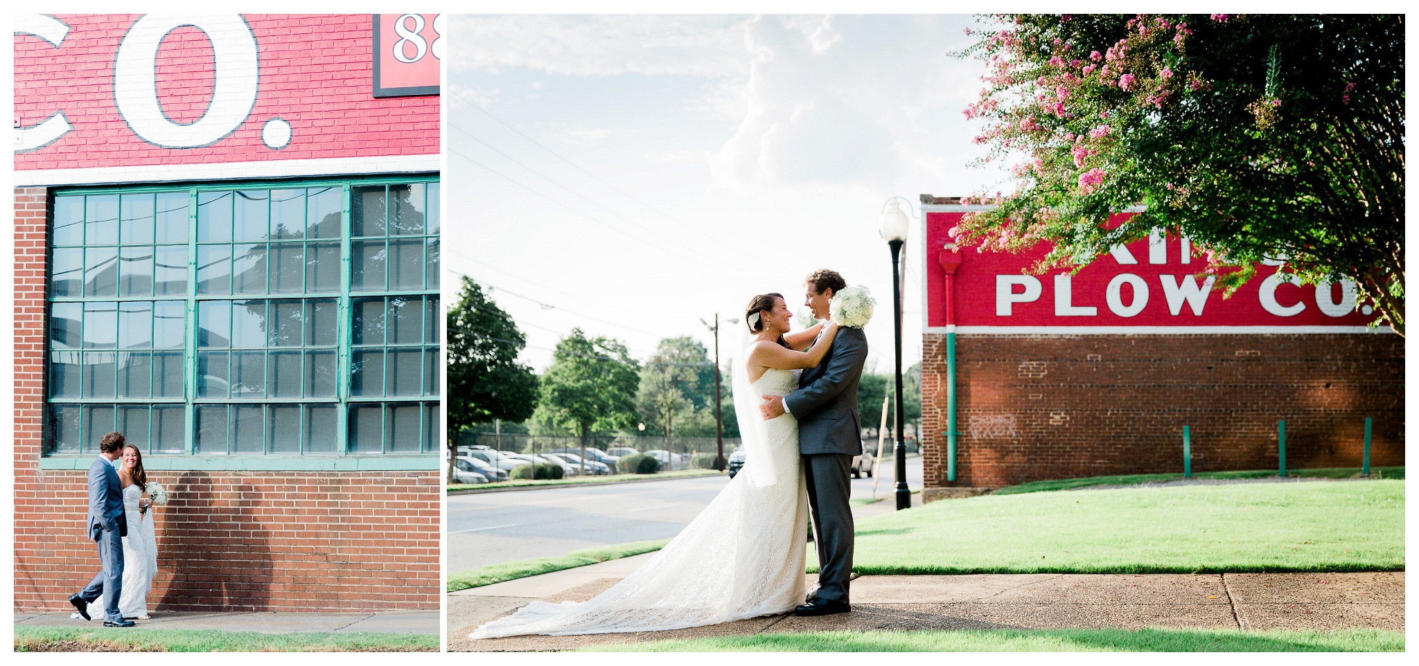 Love takes to the Streets, The Couple walking down the road and embraces near the building - Venue and Catering – King plow Event Gallery and Bold American Events Decor and flowers – Stylish Stems Music and Band – Seven Sharp Nine Transportation – Georgia Trolley Photographer One Life Photography