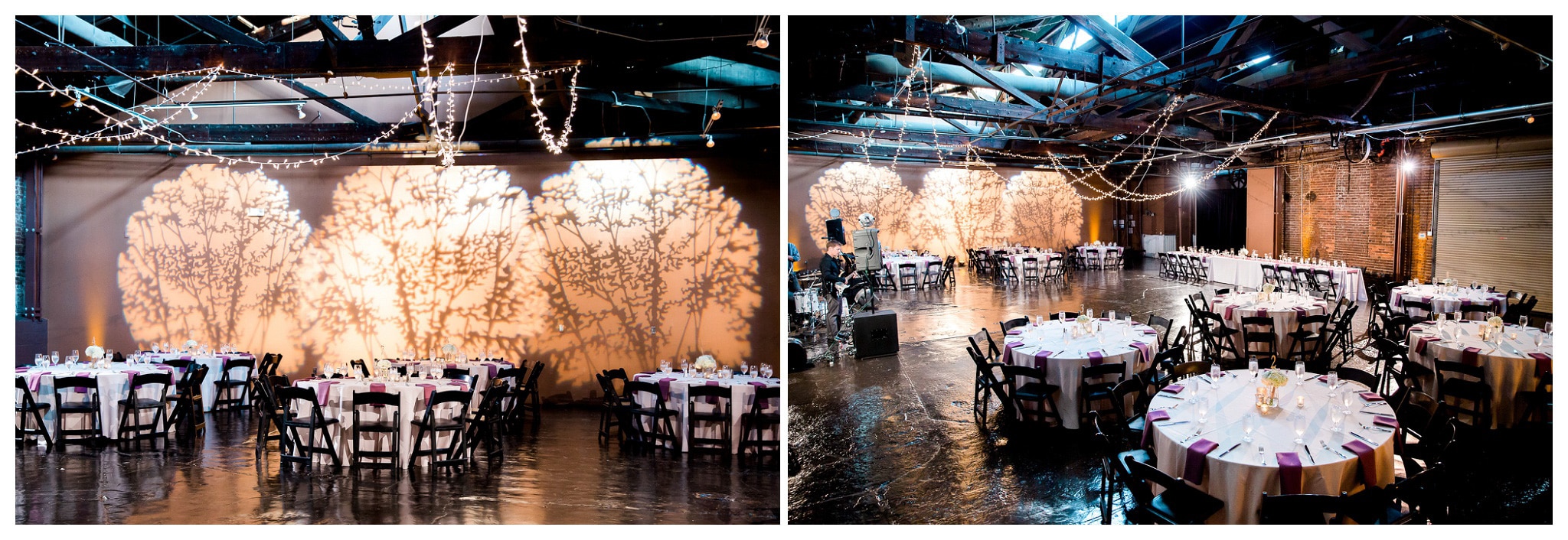 Wooden Rafters and Brick Walls the Reception room all done out, the shadow trees are an excellent touch - Venue and Catering – King plow Event Gallery and Bold American Events Decor and flowers – Stylish Stems Music and Band – Seven Sharp Nine Transportation – Georgia Trolley Photographer One Life Photography