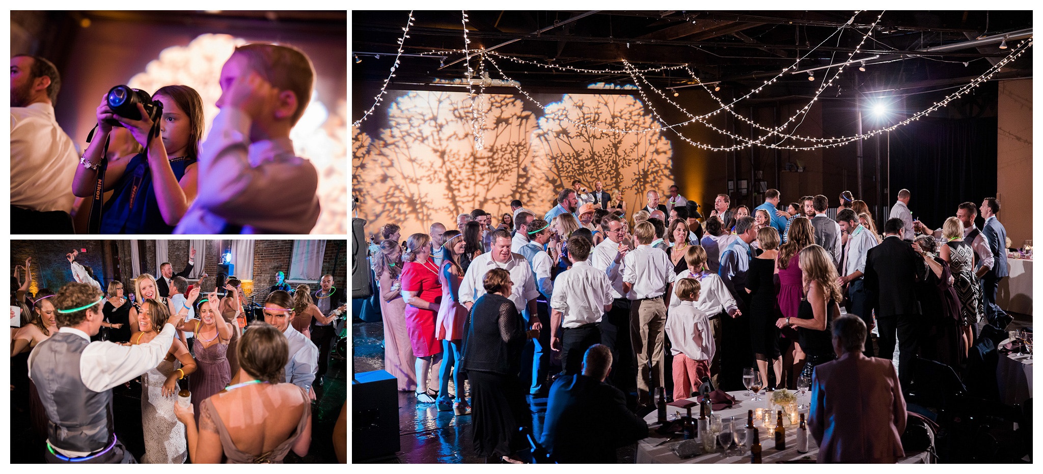 Everyone on the dancefloor with glowsticks - Venue and Catering – King plow Event Gallery and Bold American Events Decor and flowers – Stylish Stems Music and Band – Seven Sharp Nine Transportation – Georgia Trolley Photographer One Life Photography