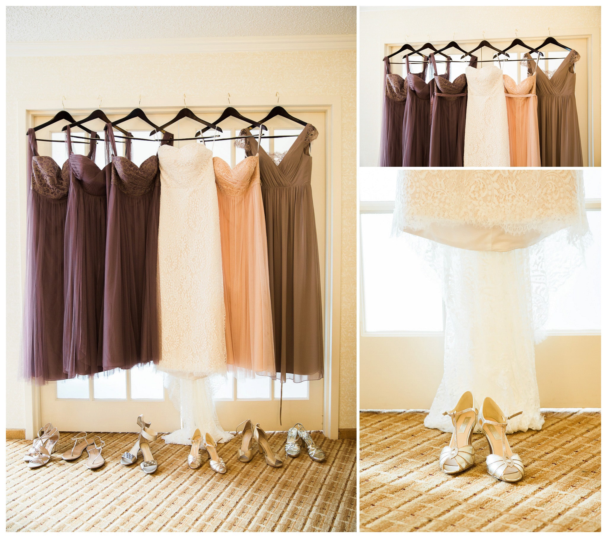 All the wedding dresses, A Beautiful Collection hanging with their shoes, Venue and Catering – King plow Event Gallery and Bold American Events Decor and flowers – Stylish Stems Music and Band – Seven Sharp Nine Transportation – Georgia Trolley Photographer One Life Photography