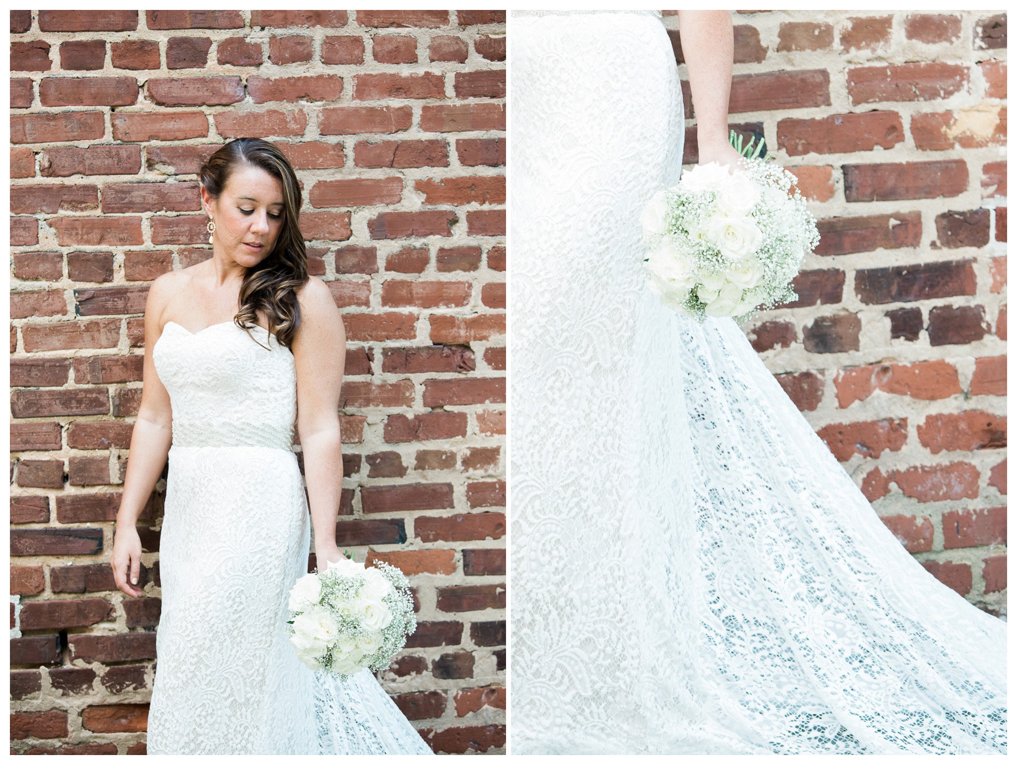 Beautiful Bride, Amazing dress and the Perfect Bouquet against a brick background, Venue and Catering – King plow Event Gallery and Bold American Events Decor and flowers – Stylish Stems Music and Band – Seven Sharp Nine Transportation – Georgia Trolley Photographer One Life Photography
