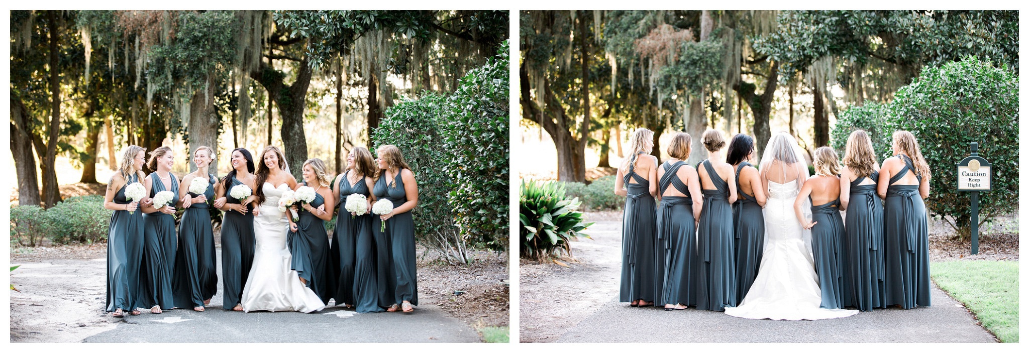 The bridal party front and back on the walkway under the live oak centerpiece, Kay and Josh's wedding at the Heritage Plantation, Pawleys Island, South Carolina on September 19, 2015 Heritage Plantation Southern wedding, Pawleys Island, South Carolina Venue and Catering: Heritage Club, Pawleys Island Music: Paul Matthews Entertainment Brides dress: The Little White Dress Cake: Buttercream Cakes and Catering Event Rentals: Eventworks Photographer: One Life Photography
