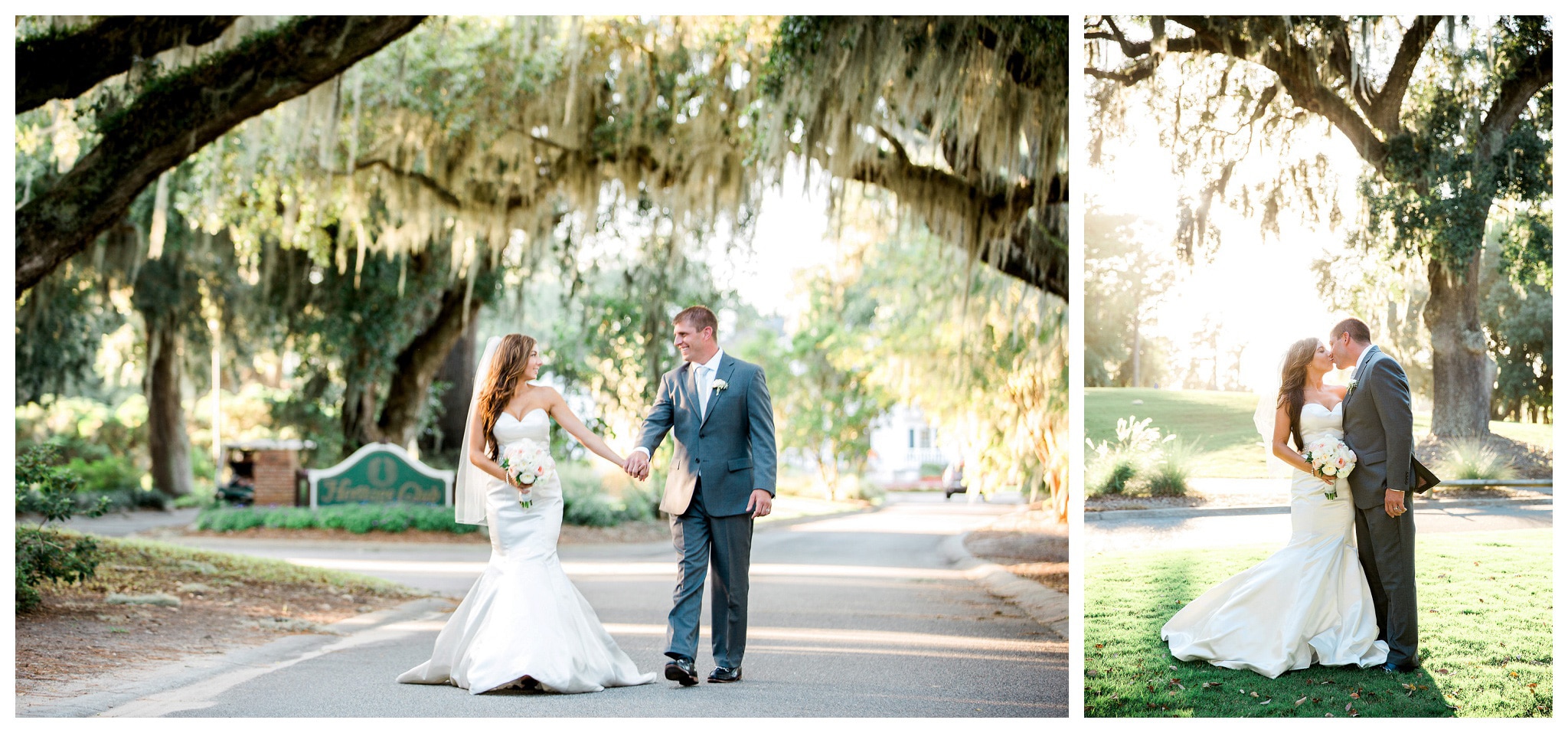 Mr. and Mrs. sharing Wed Kisses under the giant oak tree, Kay and Josh's wedding at the Heritage Plantation, Pawleys Island, South Carolina on September 19, 2015 Heritage Plantation Southern wedding, Pawleys Island, South Carolina Venue and Catering: Heritage Club, Pawleys Island Music: Paul Matthews Entertainment Brides dress: The Little White Dress Cake: Buttercream Cakes and Catering Event Rentals: Eventworks Photographer: One Life Photography