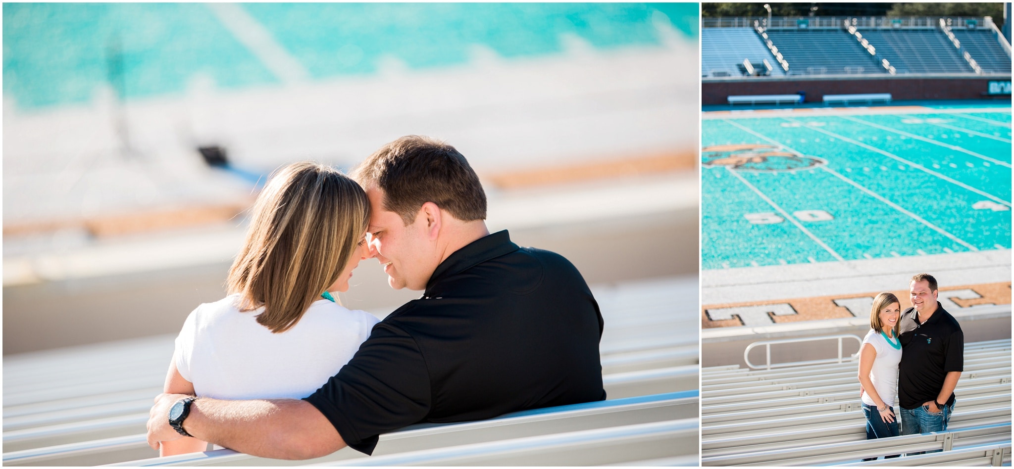 Photos on a football stadium stands, Save the Date Football, Dana and Bradley being close in the stands, Myrtle Beach Engagement Photography Session 1, Coastal Carolina University, www.onelifephoto.net