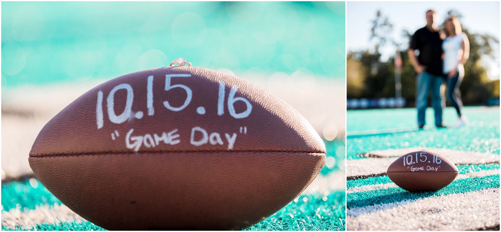 Save the date football pictures on the feild grass at Coastal Carolina University, Save the Date Football, Dana and Bradley, Myrtle Beach Engagement Photography Session 5, Coastal Carolina University, www.onelifephoto.net