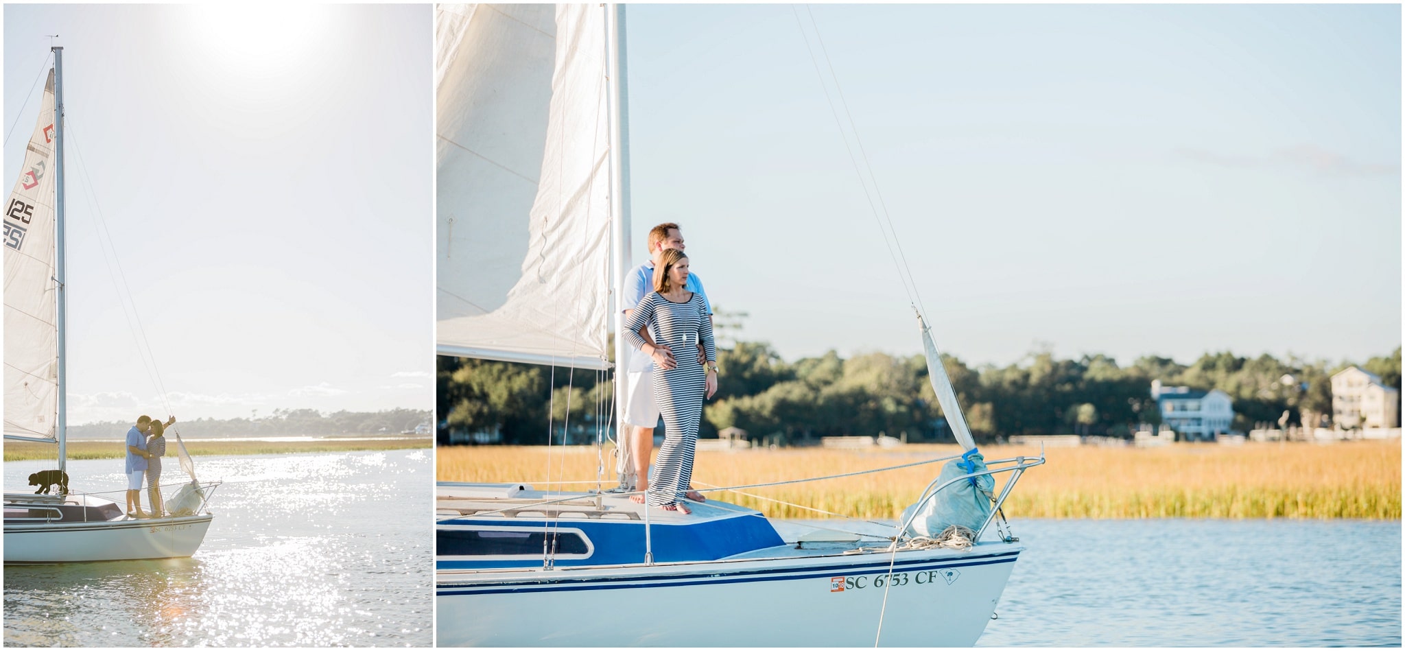 Murrells inlet Wedding, Dana and Bradley, Sailing and embracing on the front of the boat, Myrtle Beach Engagement Photography Session 9, Murrells Inlet, South Carolina, www.onelifephoto.net