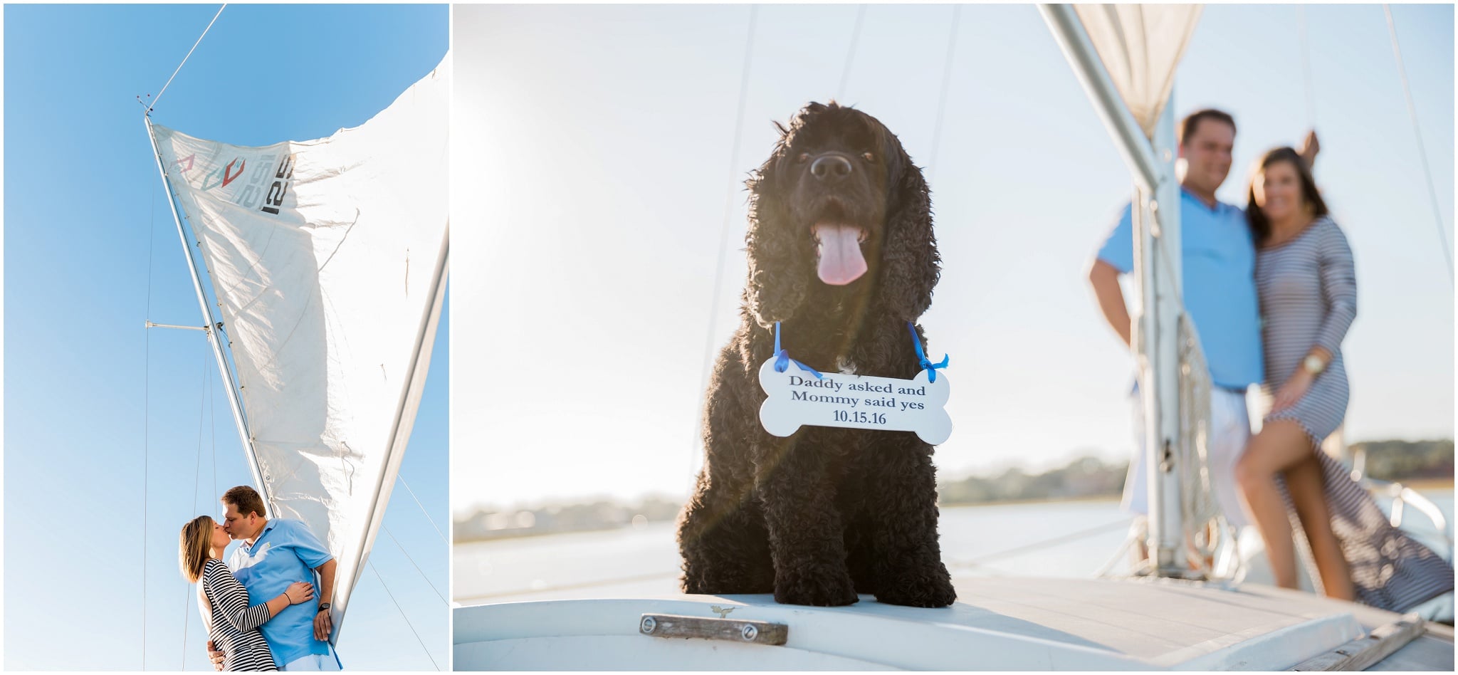 Save the date ideas, Dana and Bradley, Sailing with their dog who is holding a save the date sign, Myrtle Beach Engagement Photography Session 10, Murrells Inlet, South Carolina, www.onelifephoto.net Photography