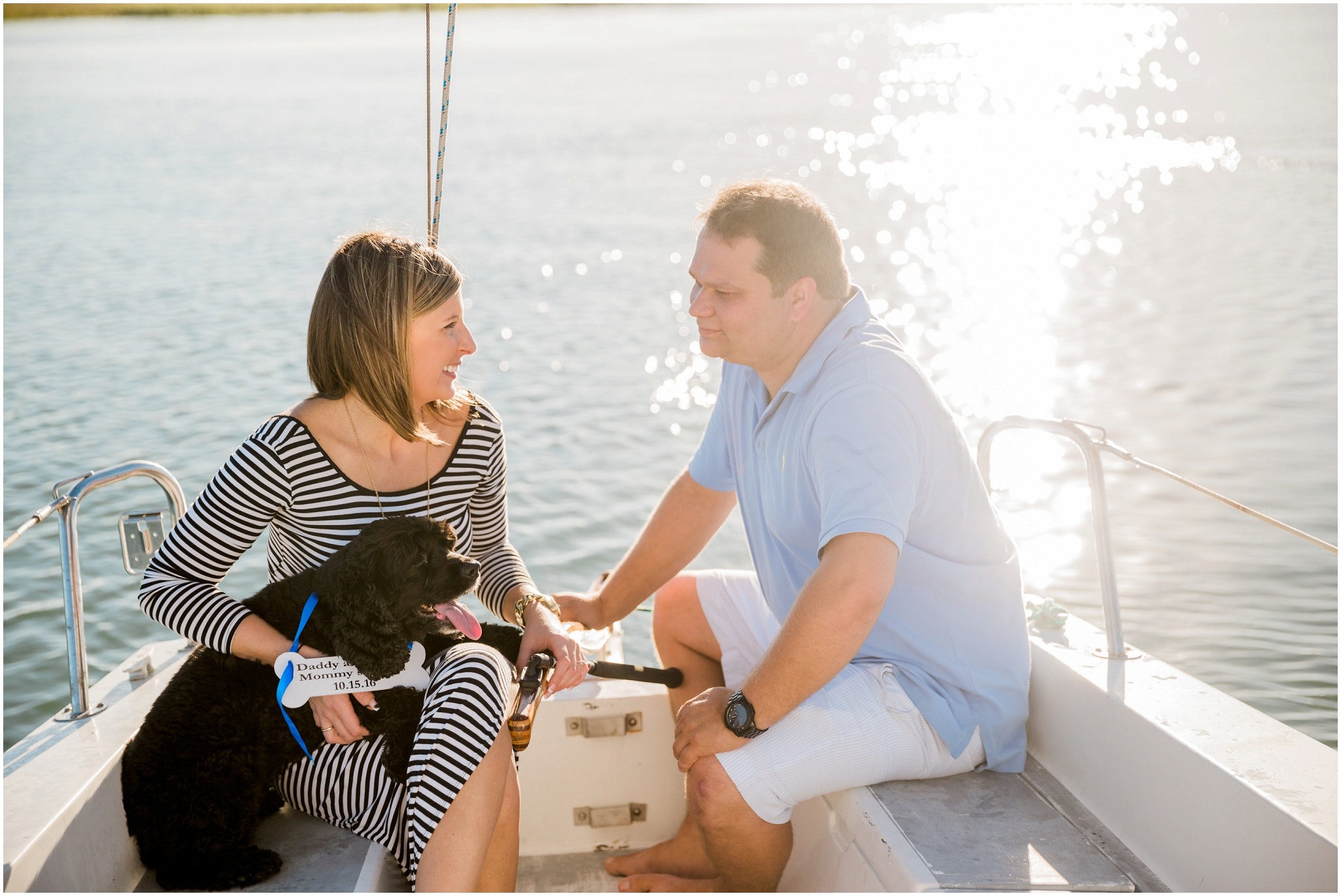 Cruising on a boat in the creek with the dog, Dana and Bradley, Sailing, Myrtle Beach Engagement Photography Session, Murrells Inlet, South Carolina, www.onelifephoto.net Photography