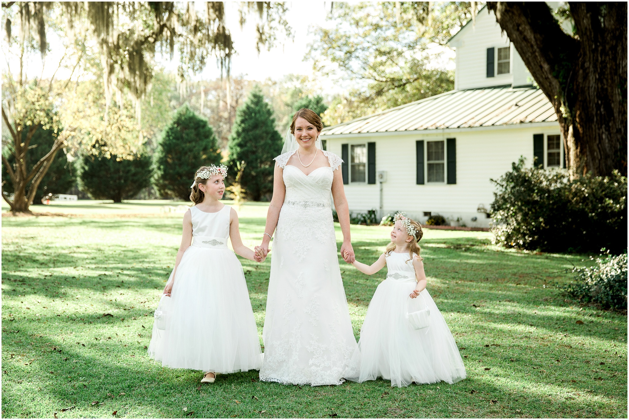 Paige aand the flower girls under the willow on the lawn in white, Upper Mill Plantation Wedding Session 1, Conway, South Carolina, Wedding coordinator, flowers and Cake - Willow Event Designs, Venue - Upper Mill Plantation, DJ - Carolina Entertainment, Dress - Foxy Lady, www.onelifephoto.net Photography