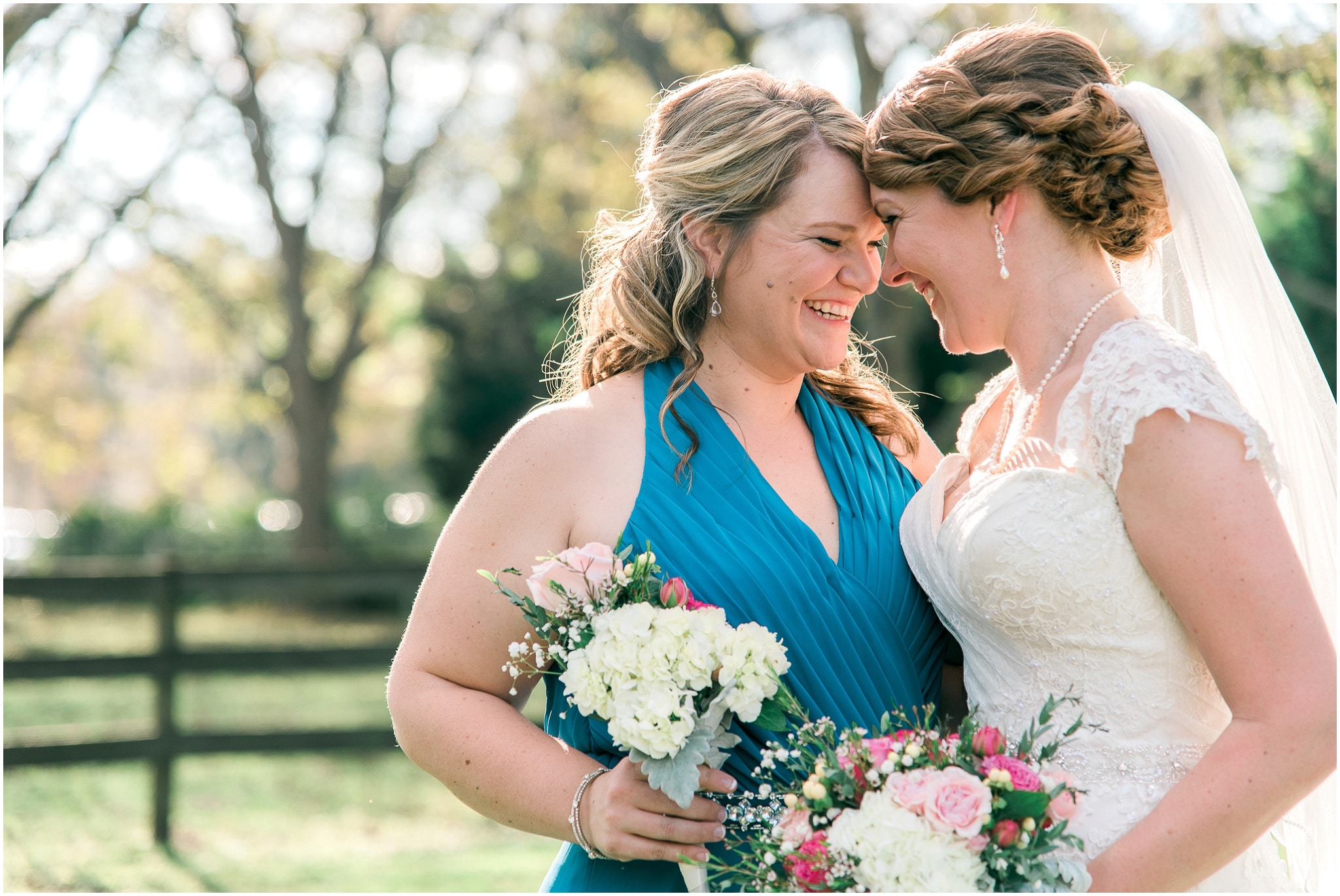 Paige and her maid of honour with bouquets, Upper Mill Plantation Wedding Session 8, Conway, South Carolina, Wedding coordinator, flowers and Cake - Willow Event Designs, Venue - Upper Mill Plantation, DJ - Carolina Entertainment, Dress - Foxy Lady, www.onelifephoto.net Photography