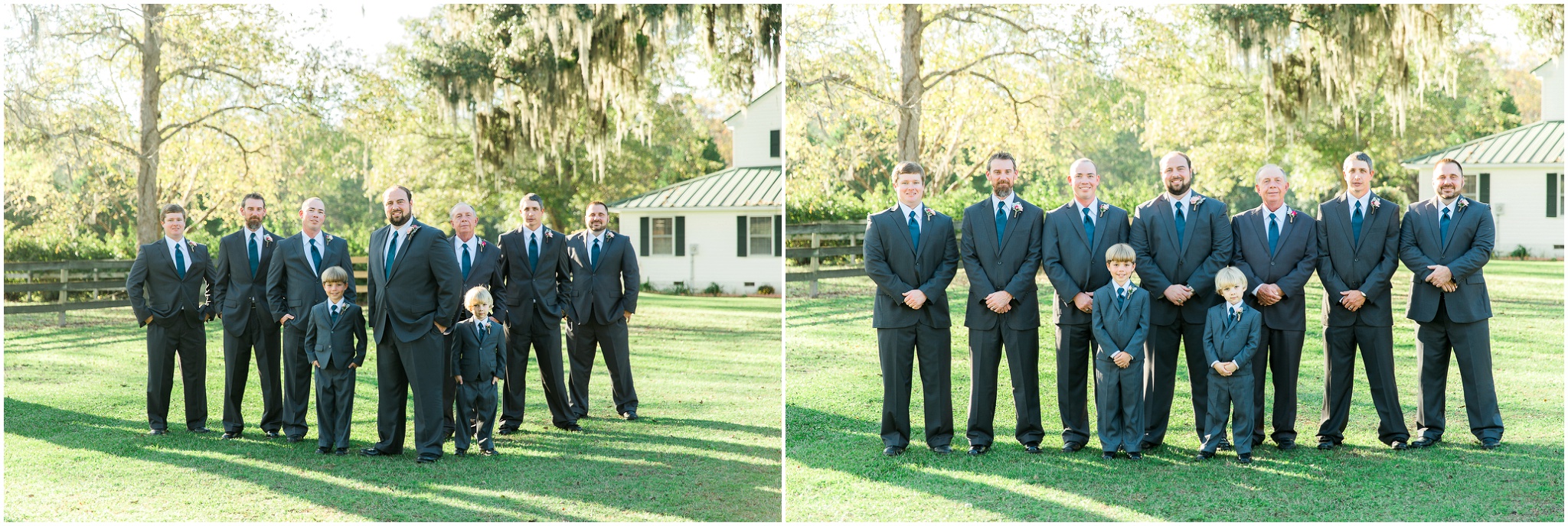 Dorsey, his groomsmen and his ring bearers posing in a group on the lawn, Upper Mill Plantation Wedding Session 9, Conway, South Carolina, Wedding coordinator, flowers and Cake - Willow Event Designs, Venue - Upper Mill Plantation, DJ - Carolina Entertainment, Dress - Foxy Lady, www.onelifephoto.net Photography