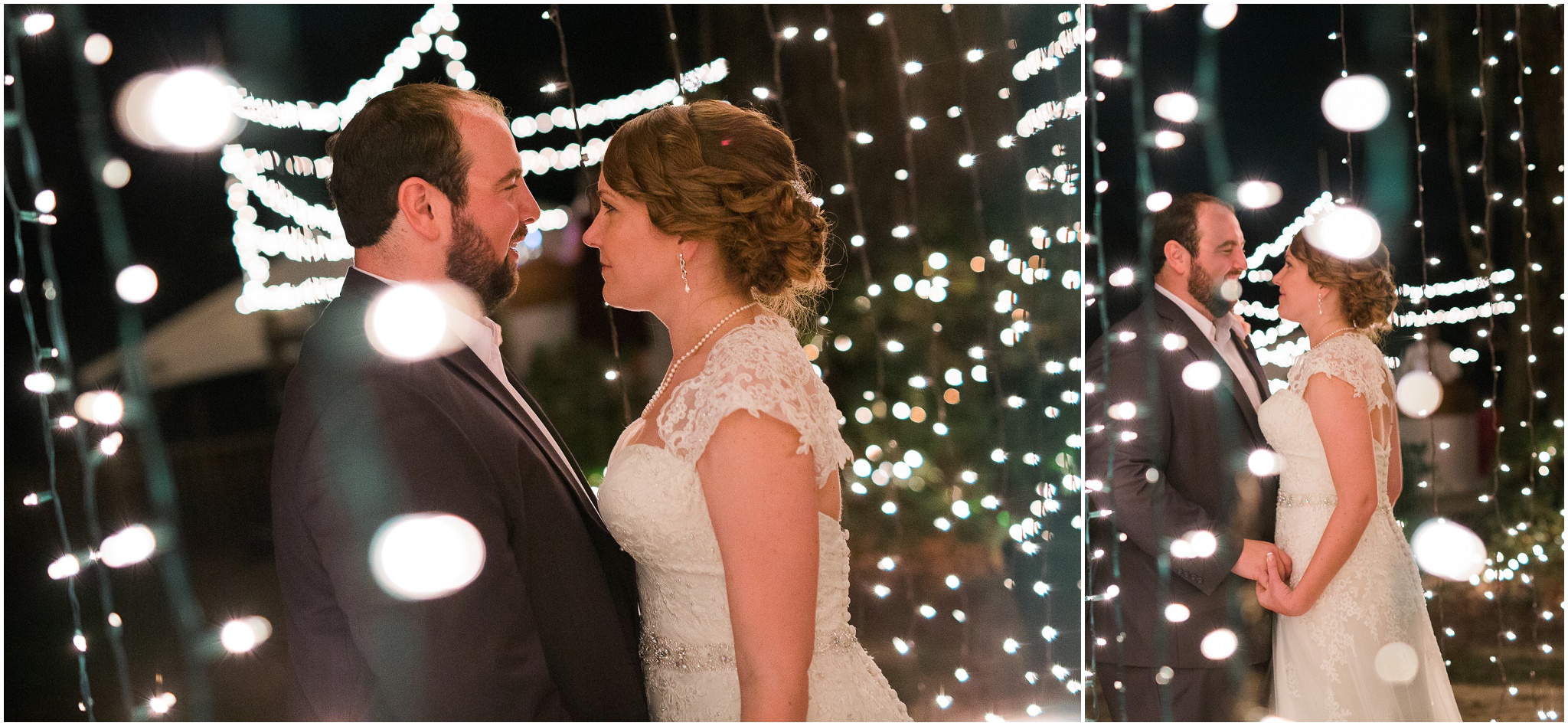 Paige and Dorsey looking into each others eyes surrounded by strands of lights that look like stars, Upper Mill Plantation Wedding Session 32, Conway, South Carolina, Wedding coordinator, flowers and Cake - Willow Event Designs, Venue - Upper Mill Plantation, DJ - Carolina Entertainment, Dress - Foxy Lady, www.onelifephoto.net Photography