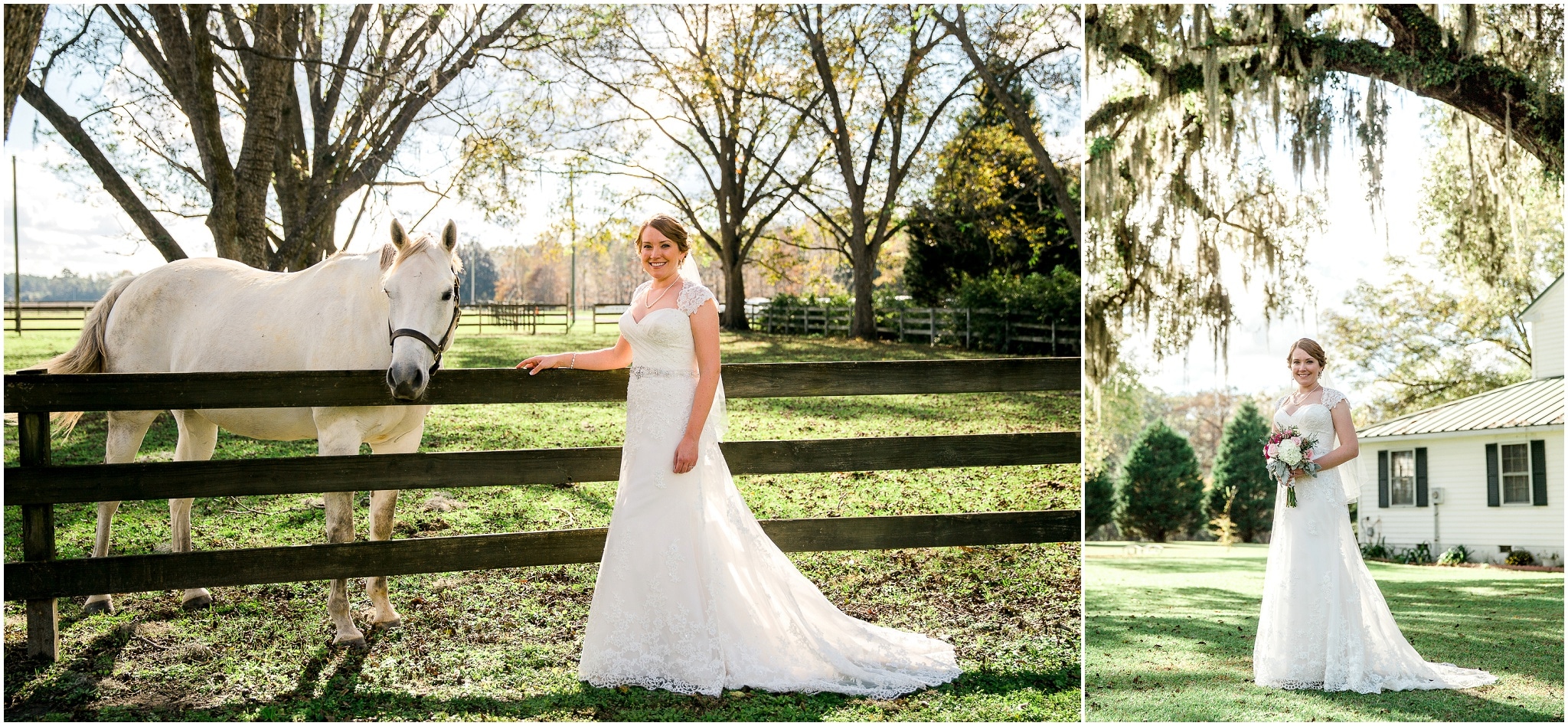 Paige in her wedding dress with a white horse and under a willow tree, Upper Mill Plantation Wedding Session 5, Conway, South Carolina, Wedding coordinator, flowers and Cake - Willow Event Designs, Venue - Upper Mill Plantation, DJ - Carolina Entertainment, Dress - Foxy Lady, www.onelifephoto.net Photography