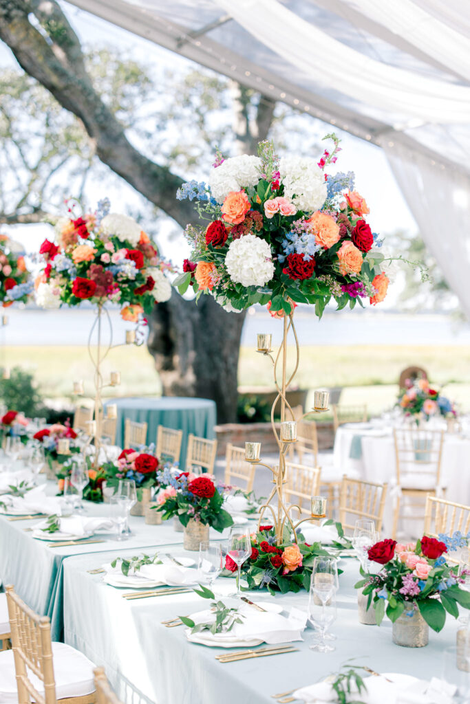 Table details and floral centerpiece with candles