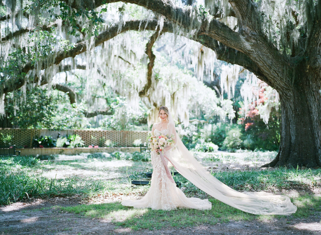 Bride under the oak trees at Brookgreen Gardens